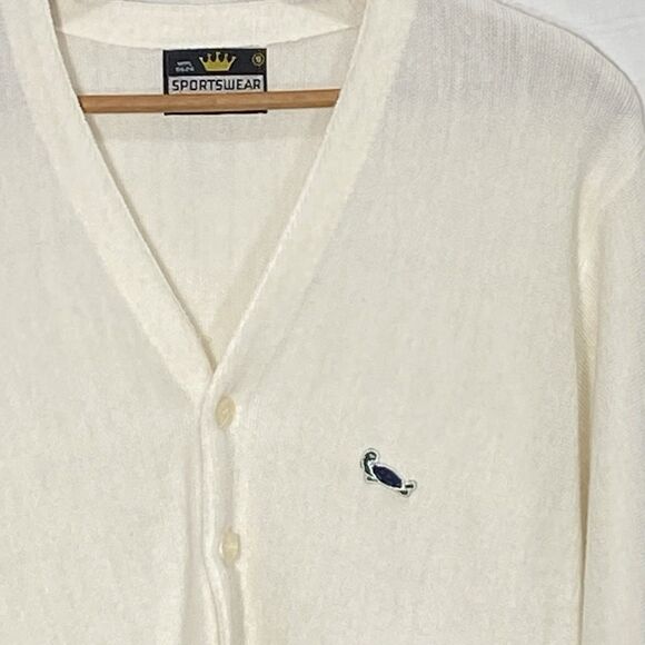 Vintage SPORTSWEAR Cardigan Sweater V Neck Button Front Long Sleeve Mens S Cream - Picture 1 of 9
